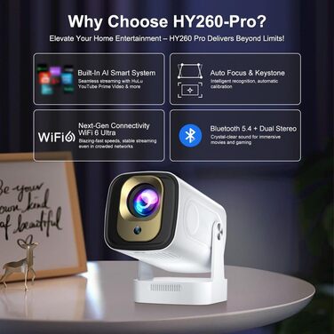 Beamer 4K HY260pro: Міні проєктор 4K з Wi-Fi 6, Bluetooth 5.4, Android TV, 180° обертання, 18000 люмен, 5W динамік для дому та відпочинку на природі