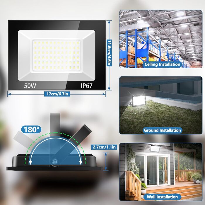 100W LED Floodlight Outdoor, LED Spotlight, Super Bright 10000LM LED Floodlight Outdoor, 7000K Cool White IP67 Waterproof Outdoor Spotlight, for Backyard, Driveway, Garage, Hallway, Garden (50W-1 PACK)