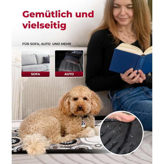 Підстилка для собак XS (45x65 см) – нековзна та м'яка з 3 см наповнювачем – ідеальна для дивана, авто та переноски – виготовлено в Німеччині (65 x 95 см, Мандала Антрацит)