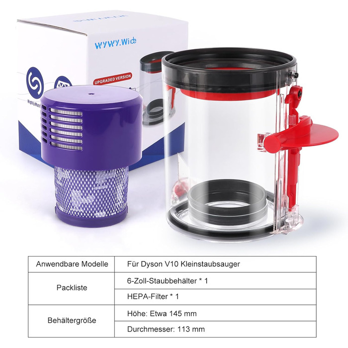 Dyson V10 Dustbin Compatible with Fluffy V10 - Replacement Part 969509-02 with HEPA Filter