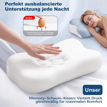 Ергономічна подушка для шиї VYLEE з ефектом пам'яті (Memory Foam), форма-метелик для сну на боці, спині та животі, 55.5 x 31 см, синьо-біла