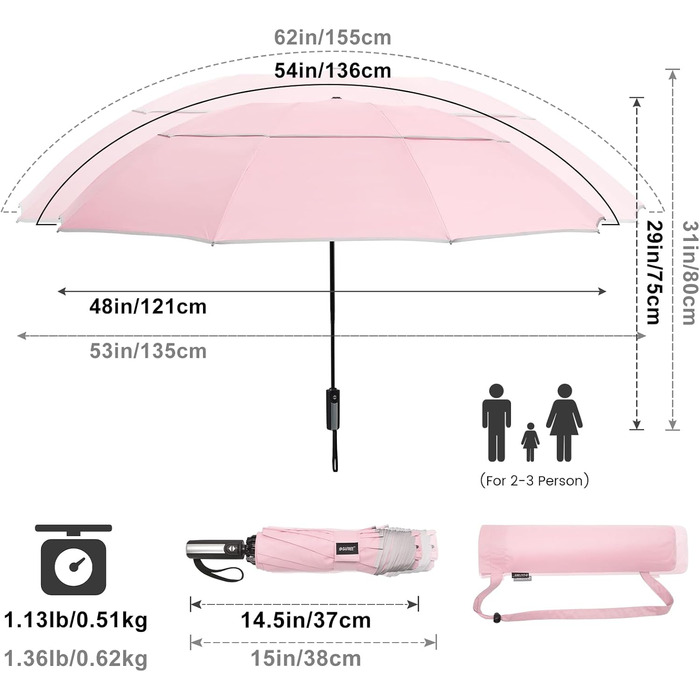 G4Free Парасолька велика, 137 см, для гольфу, подвійний купол, 10 спиць, складана, вітростійка, автоматична, рожева