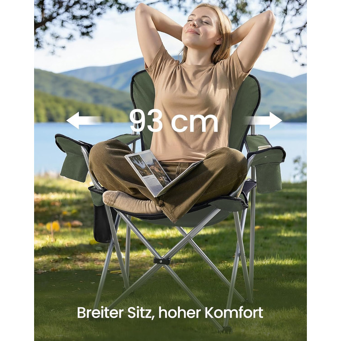 Кемпінговий стілець SONGMICS складаний, зелено-сірий, з підсклянником, тримачем для телефону та органайзером GCB005BH0