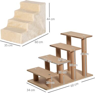 PawHut 4-Step Dog Stairs, 35 cm Cat Stairs for Bed and Sofa, Pet Stairs for Dogs and Cats up to 5 kg, Plush Appearance, Beige