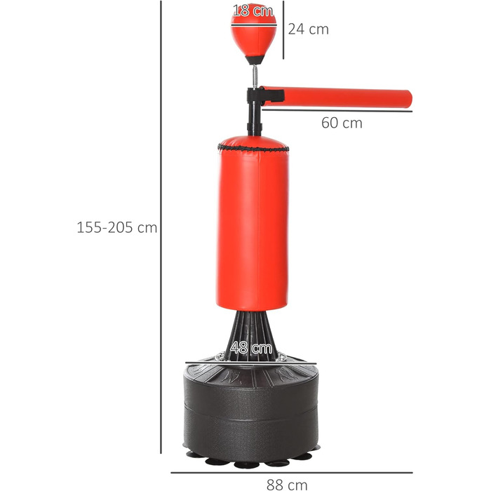 HOMCOM Боксерський мішок-стенд з рефлекс-м'ячем, 360° обертання, присосок, заповнюється піском/водою, стоячий боксерський асистент з рукавичками, насос, боксерський мішок для тренувань 88 x 48 x 155-205 см