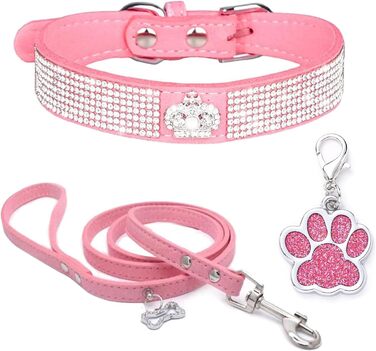 Нашийник для собак зі стразами, м'який велюровий нашийник та поводок, набір, блискучий, регульований, для маленьких та середніх собак та котів, рожевий S, рожевий