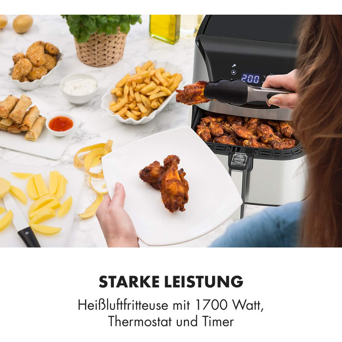 Klarstein Aero Vital deluxe - Hot Air Fryer, Deep Fryer, 1700 Watts, 5.4 Liter Volume, LCD Touch Display, 8 Pre-installed Programs, Stainless Steel, Thermostat, Timer, Energy-Saving, Silver Stainless Steel Hot Air Fryer