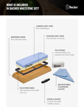 Преміум точильний камінь Bacher Schleifstein, двосторонній, зернистість 400/1000. Точило для ножів з бамбуковою підставкою, точильний камінь, допомога у заточуванні та детальна інструкція.