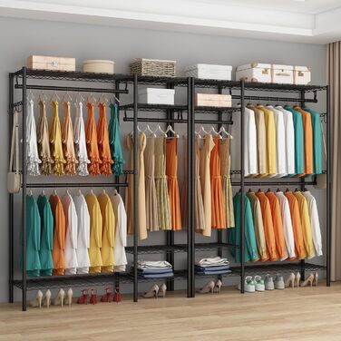 KZOBYD Clothes Rack, Freestanding Clothes Rod with Shelf Metal Wardrobe with Hanging Rods Black Open Clothes Closet with 4 Adjustable Shelves for Coats, Dresses, Shoes