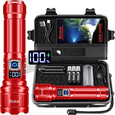 LED ліхтарик Blukar: перезарядна модель, екстремально яскравий, з функцією зуму, 5 режимів, водонепроникний IP67, для кемпінгу та надзвичайних ситуацій (червоний)
