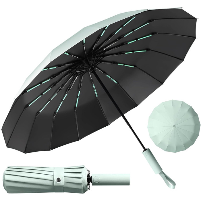 Стійкий до вітру парасолька: компактний складаний парасолька-тростина з 16 ребрами, покриття Teflon 210T, захист від УФ-променів (Aqua)