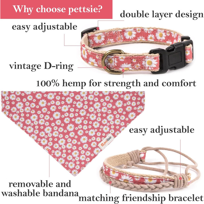 Pettsie Dog Collar with Bandana Cloth and Friendship Bracelet, Adjustable Sizes S, M, and L, Strong and Durable, Great Gift for Dog Lovers in Attractive Packaging, M, Pink
