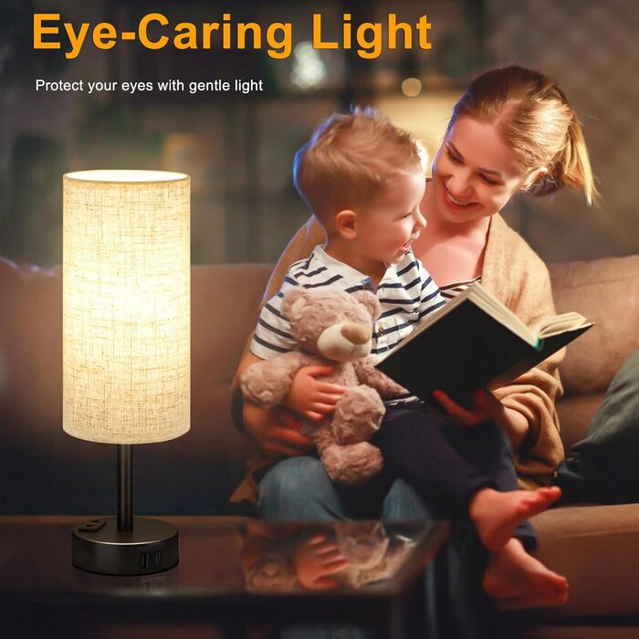 Настільна лампа Kakanuo з торшером, USB-порт, регулювання яскравості, тканинний абажур, для спальні, вітальні, дитячої кімнати, офісу (з лампочкою), білий/бежевий