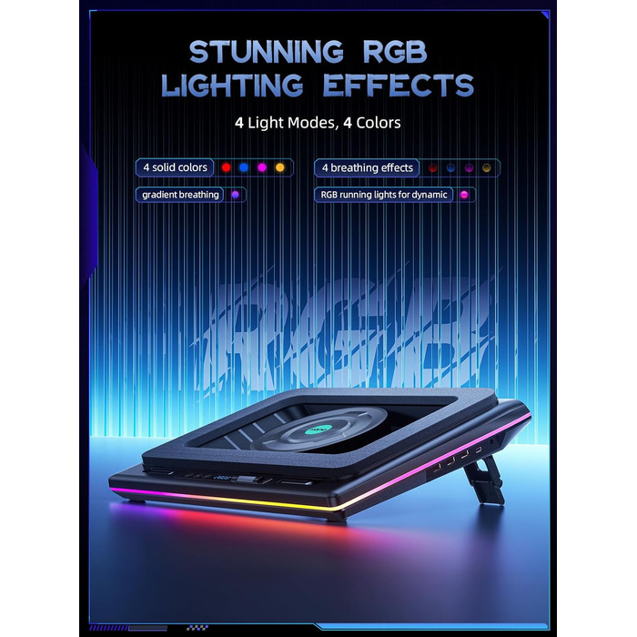 Ігровий охолоджувач для ноутбука llano RGB з сенсорним керуванням, потужним турбовентилятором та 3 USB-портами, для ноутбуків 15-19 дюймів
