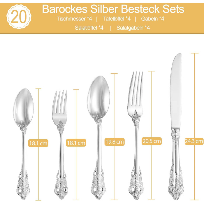 Посуд столовий срібний Barock 18/10 з нержавіючої сталі, набір 20 предметів (виделки, ложки, ножі) в подарунковій коробці