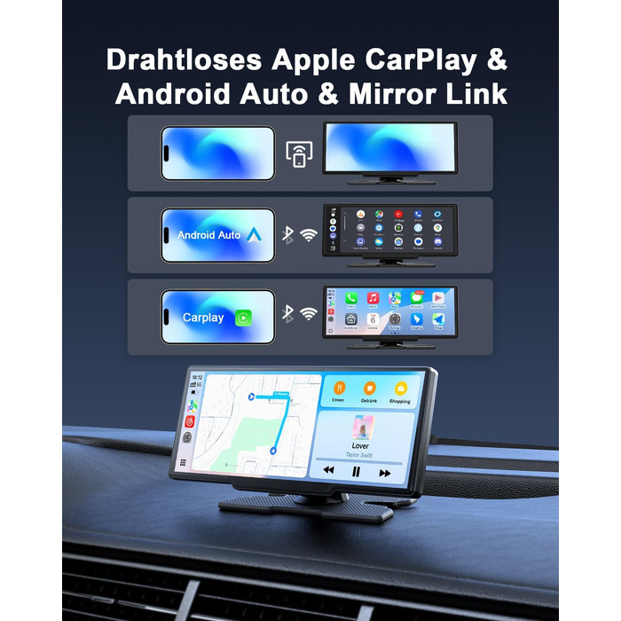 Бездротовий 8,1'' CarPlay дисплей Avylet з IPS-екраном, IP67 камерою заднього виду, GPS-навігацією, Bluetooth 5.0, Mirror Link, FM/AUX, для Android Auto та Apple CarPlay