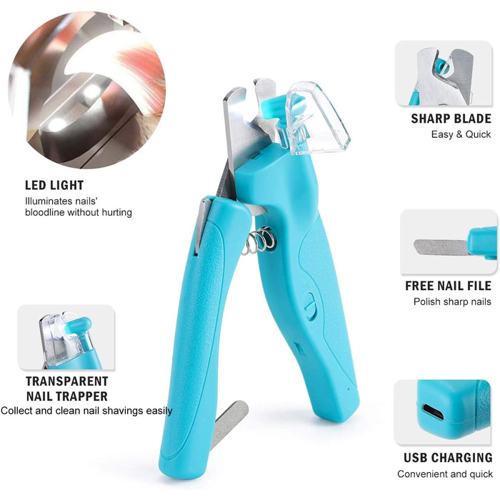 Триммер для когтів домашніх тварин з LED-підсвічуванням: для собак та котів середніх та маленьких порід. Професійний триммер для когтів з гострою клинком та безпечним білим/блакитним LED-світлом.