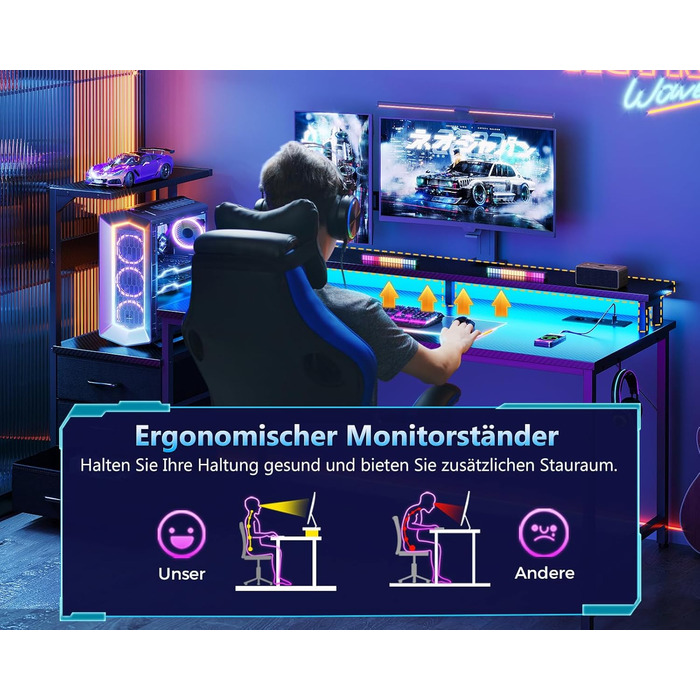 Ігровий стіл Coleshome з шухлядами, 151x50 см, з LED-підсвічуванням та розеткою, стіл для комп'ютера з полицями та підставкою для монітора, карбонове волокно, чорний