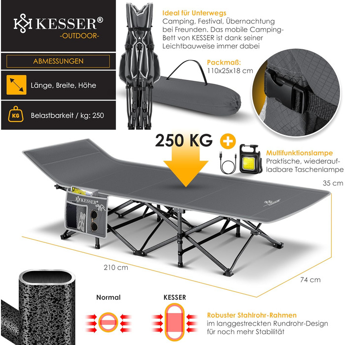 Кемпінгове ліжко KESSER®: стабільне розкладне ліжко для відпочинку на природі, 210 см, 600D Oxford, з сумкою та ліхтарем