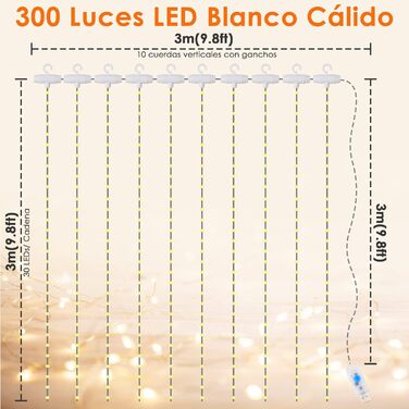 LED штора Anpro 3м x 3м, 300 світлодіодів, 8 режимів, тепле біле світло для декору, вечірки, спальні