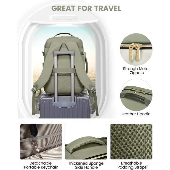 Рюкзак LOVEVOOK для ручної поклажі літака, 40L, водонепроникний, з відділенням для ноутбука 17 дюймів, для подорожей, школи, роботи, кемпінгу (зелений + бежевий + чорна шкіра)