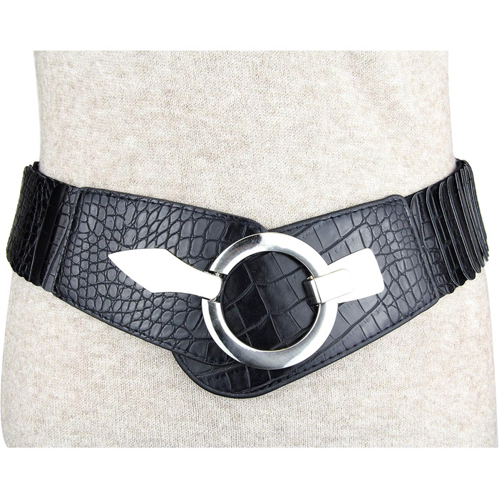 Жіночий еластичний пояс-гуртка Vanessa & Melissa, 6 см, срібна пряжка, кроко-чорний, 80 см (на талію 85-105 см)