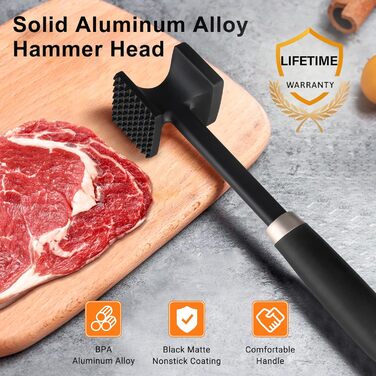 HOOMIL Fleischklopfer: подвійний молоток для відбивання м'яса з антипригарним покриттям, для шніцелів, стейків, сріблястий (квадратний, матовий чорний)