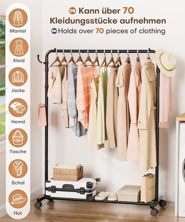 Стійка для одягу на колесах Yorbay: міцна металева вішалка з полицею для багажу. Компактна вішалка для спальні, пральні, магазину (Чорний, 117.5 см)