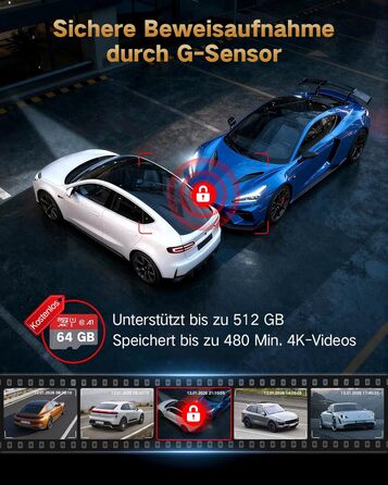 3-канальний автомобільний відеореєстратор 4K (передній, задній, салонний), 170° широкий кут, нічна зйомка, паркування 24/7, G-сенсор, WiFi 5.8 ГГц, SD-карта 64ГБ, чорний