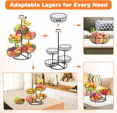 Багатоярусна підставка для фруктів PouHenier.jh – 5 ярусів, чорний колір, з тримачем для бананів. Металева підставка для фруктів та овочів, органайзер для кухні