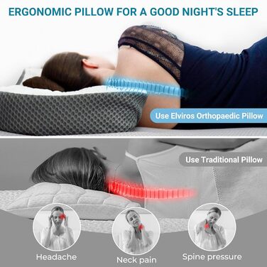 Ортопедична подушка Elviros для шиї з memory foam, ергономічна, для сну на боці, біла, 54x34x8.9/10.9 см