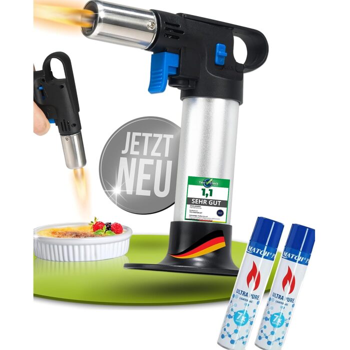 Кулінарний пальник STAHLMANN® для карамелізації та фламбування (1300°C), преміум-якість, з 2-ма балонами газу по 300 мл