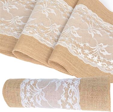 Jute Table Runner with Lace White 30CMx10M Jute Ribbon Rustic Burlap Lace Wedding for Festival Event Table Decoration Christmas Decoration Birthday (Jute and Lace)