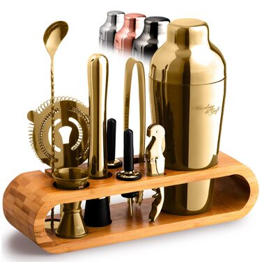 Набір для коктейлів та міксології Edles (10 предметів) - Шейкер з нержавіючої сталі, дерев'яний підставка з махагоні, золотий колір