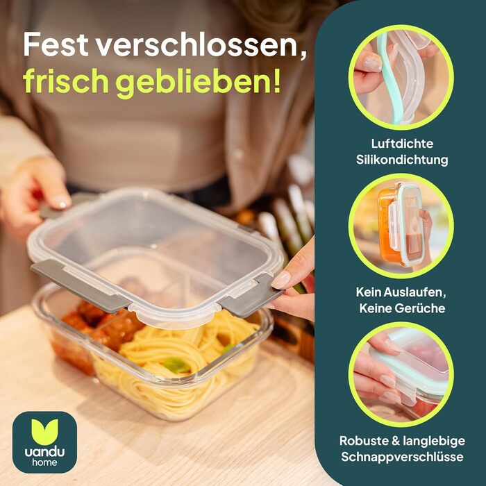 Набір контейнерів для їжі Uandu Glasbehälter – 10 шт. з кришкою, BPA-free, для мікрохвильовки, морозильника, посудомийної машини (антрацит, з відділеннями)