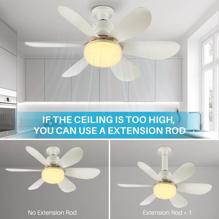 OKYUK Стеля-вентилятор з підсвічуванням, тихий, з пультом керування, регулювання кольору, E26/E27, 48 см, білий