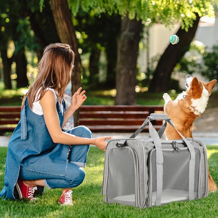 Транспортна сумка для тварин: складана переноска для кота та собаки, сірого кольору. Легка переноска з регульованим плечовим ременем, дихаюча переноска для подорожей та авто.