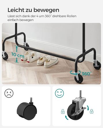 SONGMICS Clothes Rack with Wheels, Clothes Rail, Heavy-Duty, Extendable Clothes Rod, Load Capacity up to 110 kg, 45 x (160-200) x 162.9 cm, Metal, Chrome, HSR176E01 ((110-150)B cm, Matte Black)