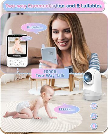 Відеоняня HelloBaby з камерою, до 29 годин роботи від акумулятора, кут огляду 318°/120°, 2x зум, інфрачервона нічна зйомка, ECO-режим, до 300 метрів, двостороння зв'язок
