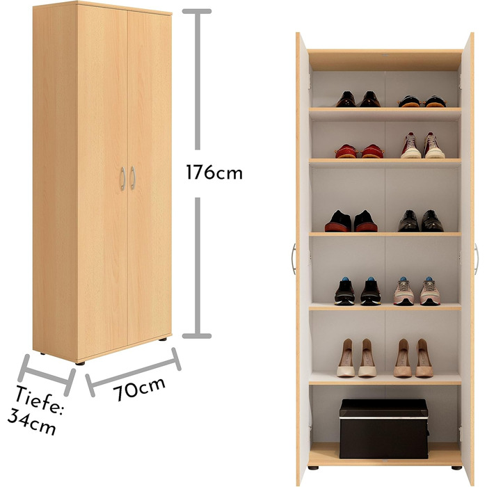 Stella Trading 3 Shoe Cabinet Tall, White - Versatile Multi-Purpose Cabinet with Adjustable Shelves - 70 x 176 x 35 cm (W/H/D) (Beech)