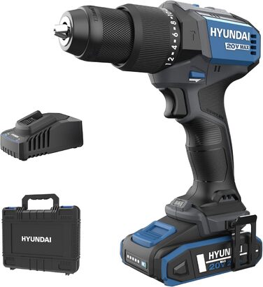 Акумуляторний ударний шурупокрут Hyundai HD20X-60-2A1 | 20V, безщітковий двигун, 60 Nm, патрон 13 мм, 2-швидкісне металеве редуктор, комплект: шурупокрут, акумулятор 2.0Ah, зарядний пристрій, кейс