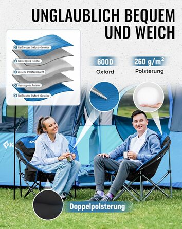Крісло для кемпінгу KingCamp Moonchair XXL: зручне, м'яке, для відпочинку на природі, саду, риболовлі. Макс. 205 кг, з кишенею для напоїв та високою спинкою (Блакитний)