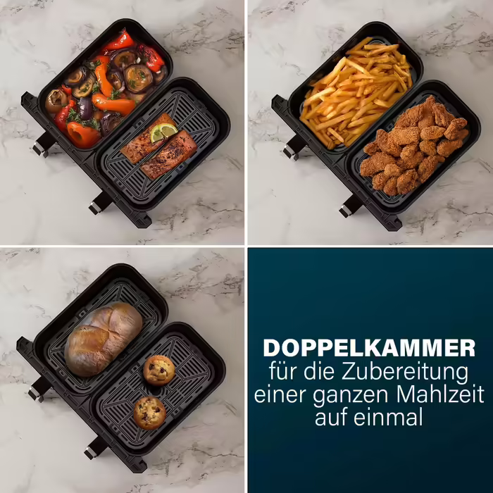 Princess Double Basket Air Fryer - 2 Compartments - 11 L - BPA- and PFAS-free - Sync Function - 8 Programs - Viewing Window - 2400 W - 182276 DOUBLE CHAMBER 2x5.5L