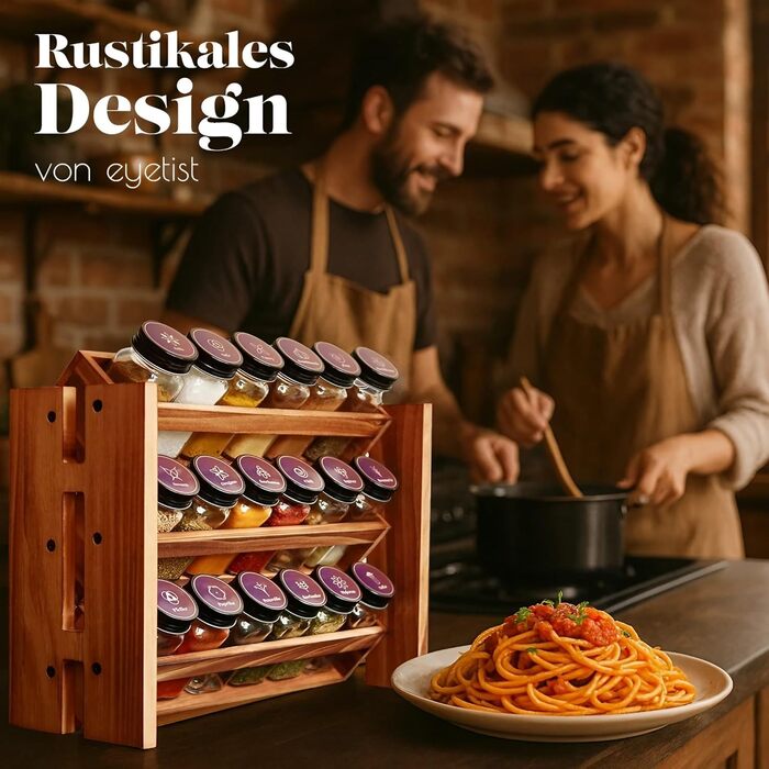 Elegant dark spice rack, wood standing & wall-mounted, 18 spice jars, 25 labels. Spice organizer, spice rack, kitchen shelf, wood, vintage. Spice rack - spice rack system hanging - spice storage (pine wood)