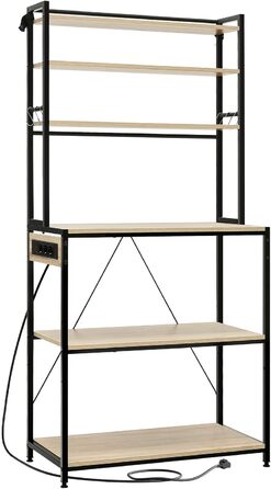 Кухонна полиця WOLTU з 6 ярусами, з розетками, мікрохвильова полиця з 6 гачками, полиця для пекаря з металевим каркасом, регульовані полиці, Чорний+Рустикальне коричневе, 60 x 167 x 40 см (Чорний+світлий дуб, 80 x 39,5 x 167 см)