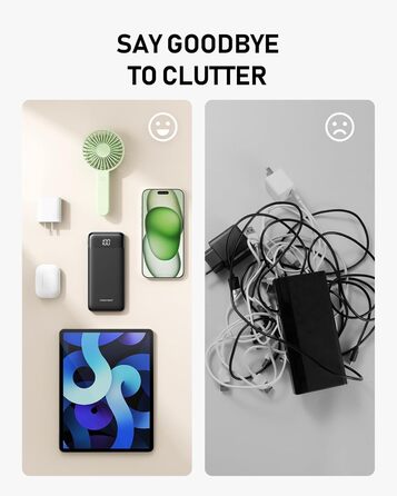 Powerbank Charmast 10000mAh з 4 кабелями, 6 виходами та 3 входами. Сумісний з iPhone, iPad, Samsung. Чорний