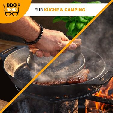 Пресс для м'яса з чавуну з дерев'яною ручкою, 18 см, круглий - Прес для бургерів, гриль-прес, вага для BBQ, м'яса, котлетів, бекону, сиру, сендвічів. Діаметр 18 см, чорний