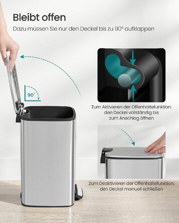 Смітник для ванної кімнати SONGMICS PLUSHIC LTB590B0602, педальний відро з кришкою Softclose, сталевий, 8 л, сріблястий металік