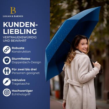 Logan & Barnes Stormproof Umbrella - 120cm Diameter, Wooden Handle - XXL Large Umbrella for 2 People - Chicago Model (Blue)