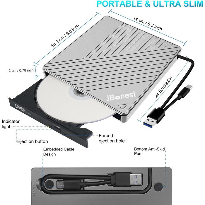 Зовнішній CD/DVD привід USB 3.0 Type-C з картридером SD/TF, портативний RW-записувач для ноутбука, ПК, MacBook (Windows, macOS, Linux), сірий